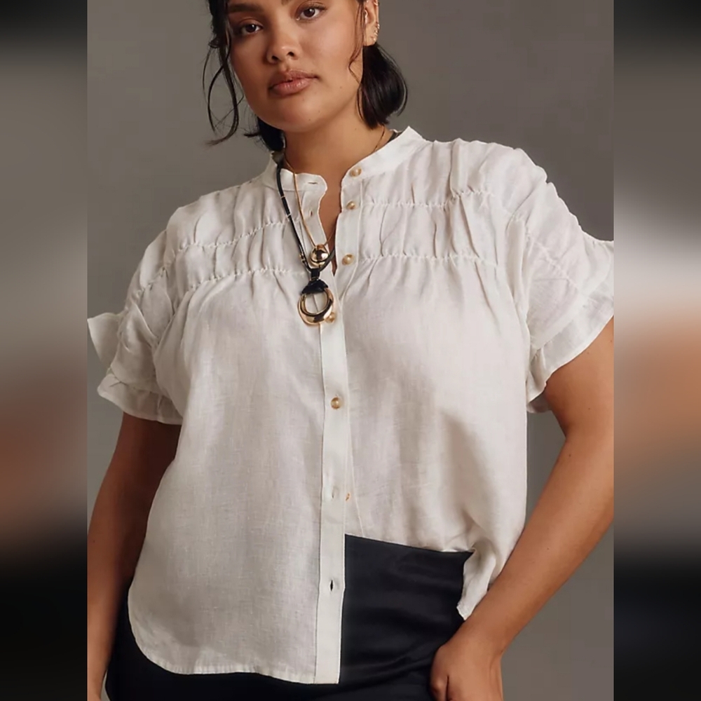 Anthropologie Pilcro White Linen Ruffled Short Sleeve Smocked Blouse Top